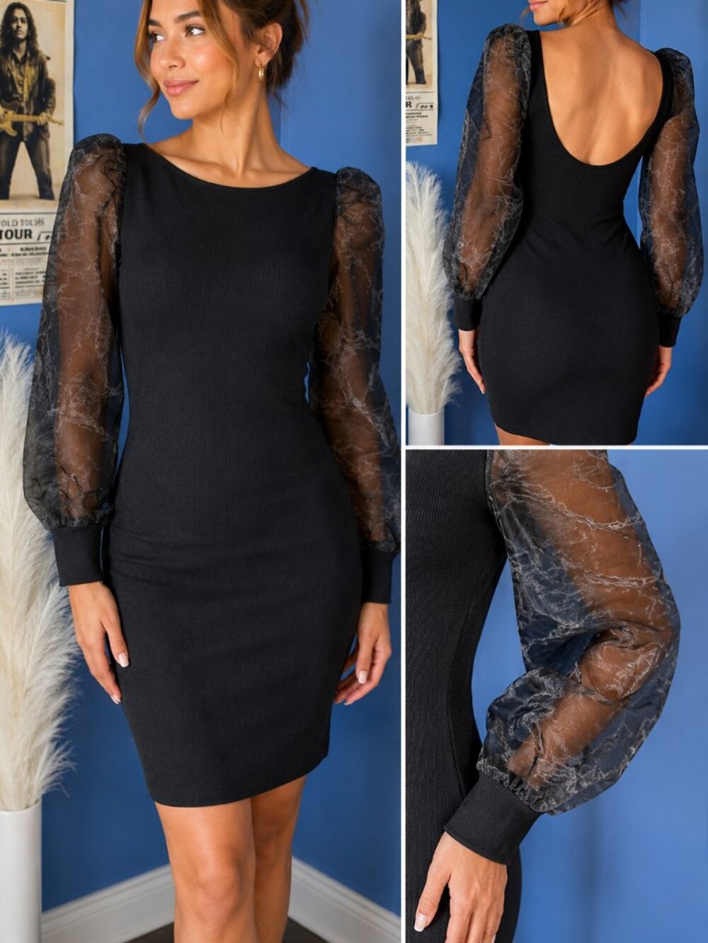 ASTR The Label Black Sweater Dress Sheer Puff Sleeves Scoop Back Size M